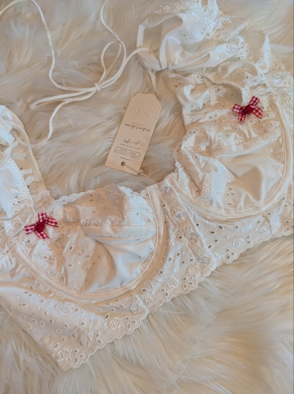 For Love And Lemons White Bra Top With Red Roses And Gingham Bows Medium NWT - Picture 2 of 6